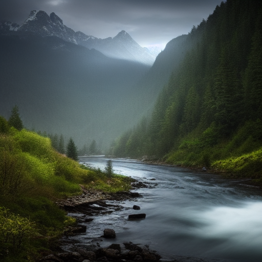 84686367 A beautiful landscape mountains river forest raining cinematic lighting ultra detailed